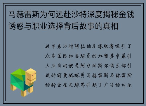 马赫雷斯为何远赴沙特深度揭秘金钱诱惑与职业选择背后故事的真相 马赫雷斯为何远赴沙特深度揭秘金钱诱惑与职业选择背后故事的真相