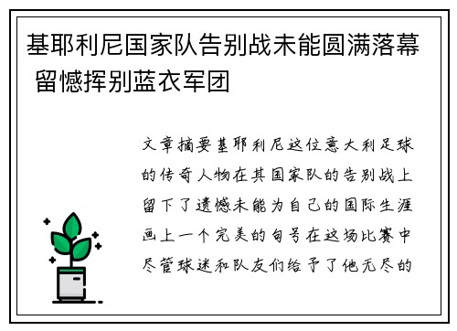 基耶利尼国家队告别战未能圆满落幕 留憾挥别蓝衣军团