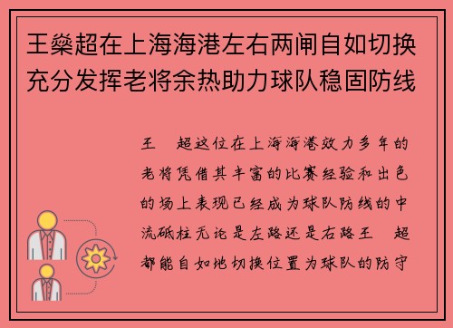 王燊超在上海海港左右两闸自如切换充分发挥老将余热助力球队稳固防线